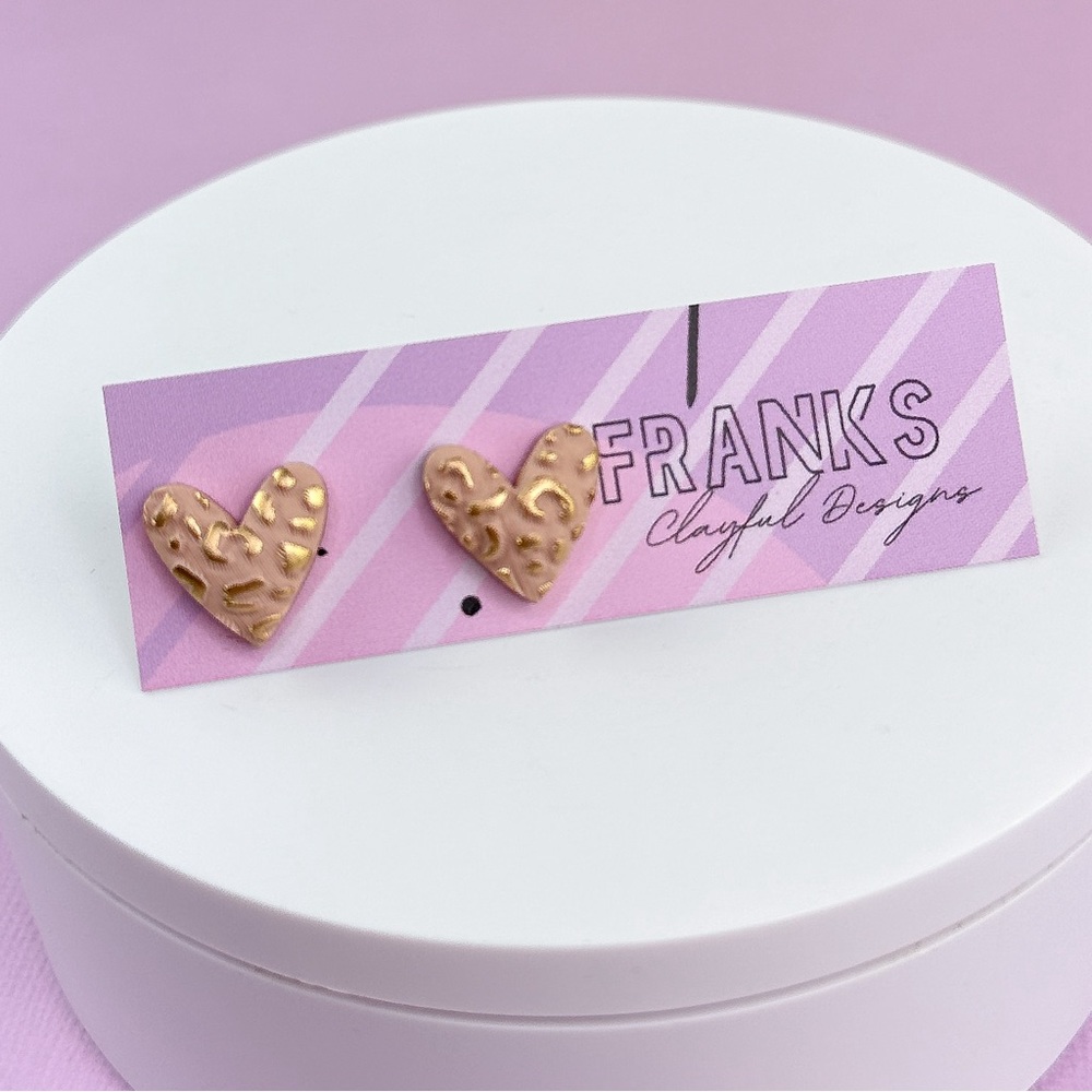 Tan Leopard Print with Gold Detail Handmade Polymer Clay Heart Stud Earr…